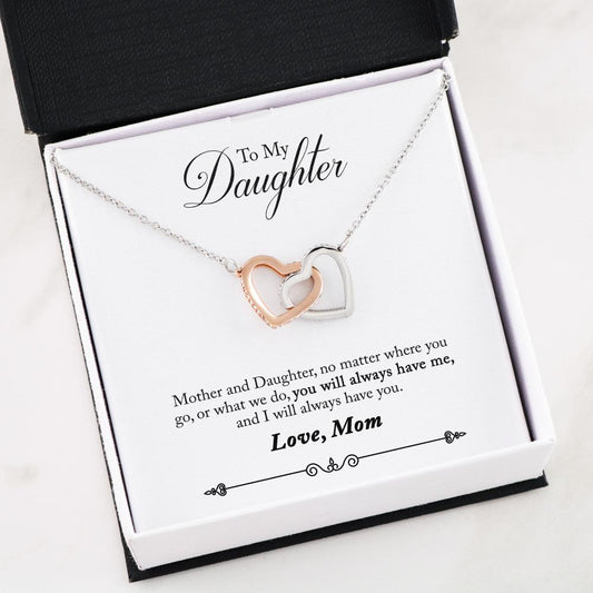 Mom To Daughter- Interlocking Heart Necklace, with message card.